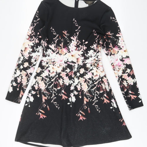 Lipsy Womens Black Floral Polyester A-Line Size 10 Boat Neck Zip