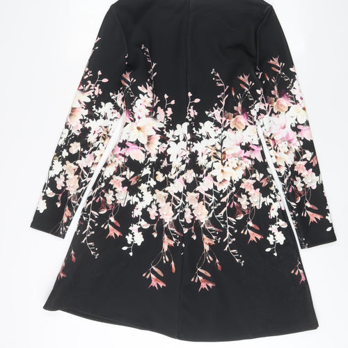 Lipsy Womens Black Floral Polyester A-Line Size 10 Boat Neck Zip