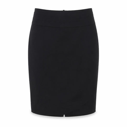 Front view of H&M women’s black polyester a-line skirt, size UK 8, zip