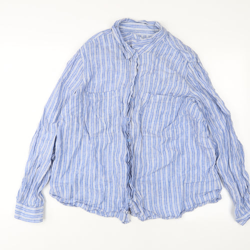 Marks and Spencer Womens Blue Striped Linen Basic Button-Up Size 24 Collared