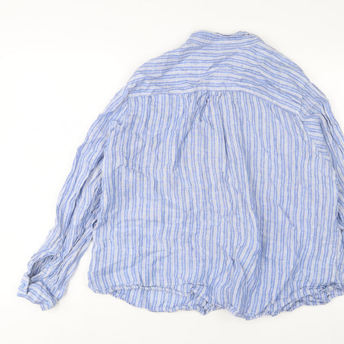 Marks and Spencer Womens Blue Striped Linen Basic Button-Up Size 24 Collared