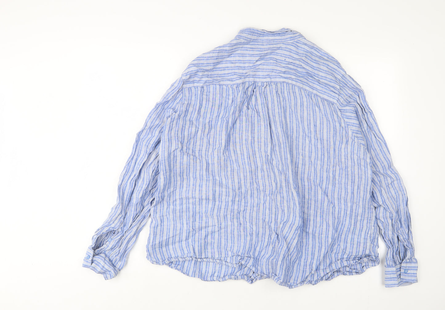 Marks and Spencer Womens Blue Striped Linen Basic Button-Up Size 24 Collared