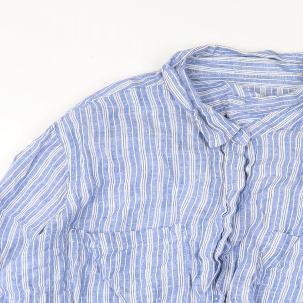Marks and Spencer Womens Blue Striped Linen Basic Button-Up Size 24 Collared
