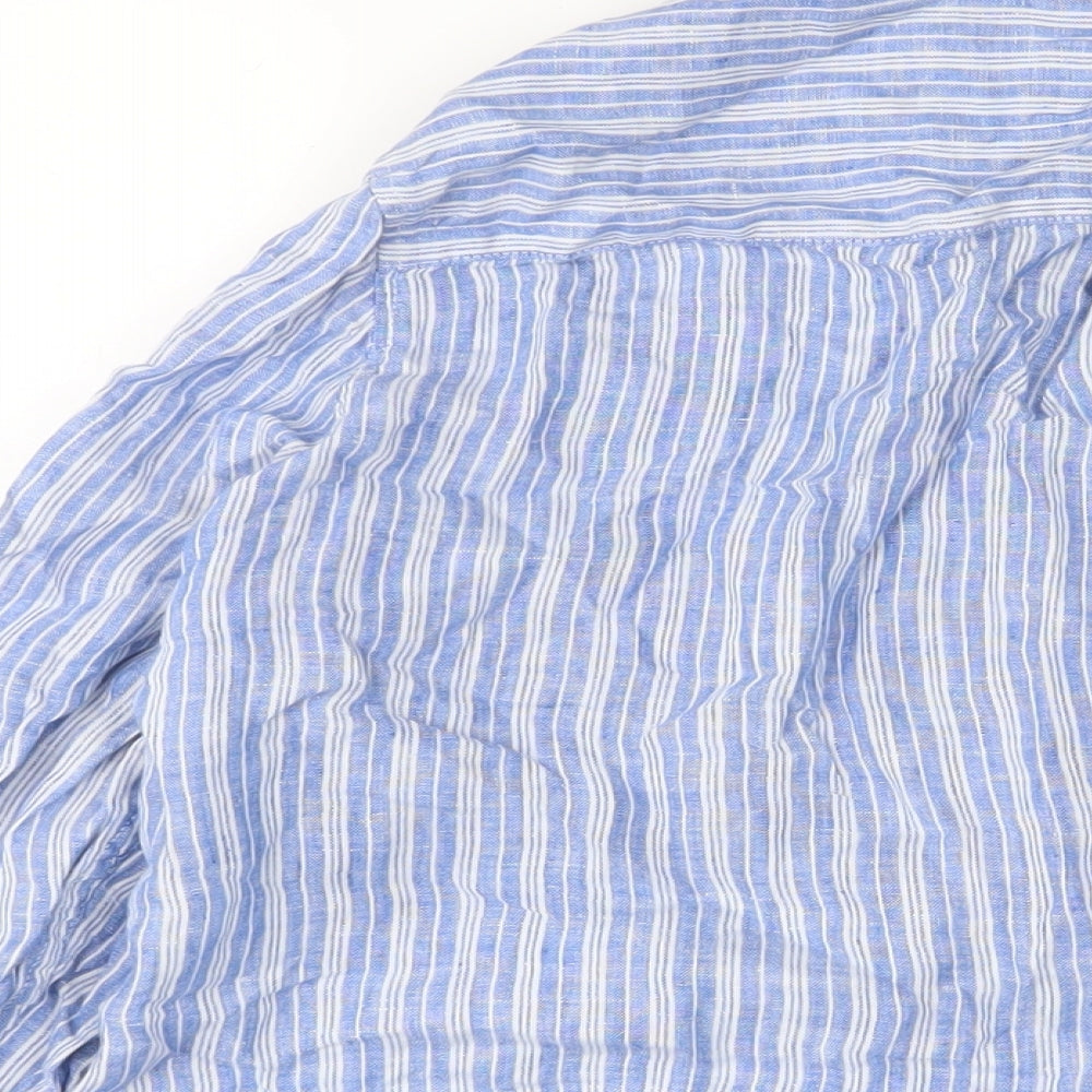 Marks and Spencer Womens Blue Striped Linen Basic Button-Up Size 24 Collared