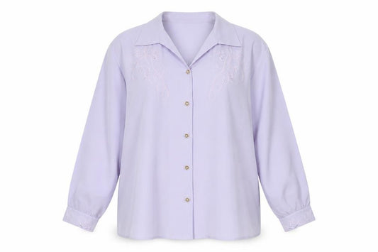 Front view of Lyndella women’s purple polyester basic button-up, size UK 22, collared - embroidered