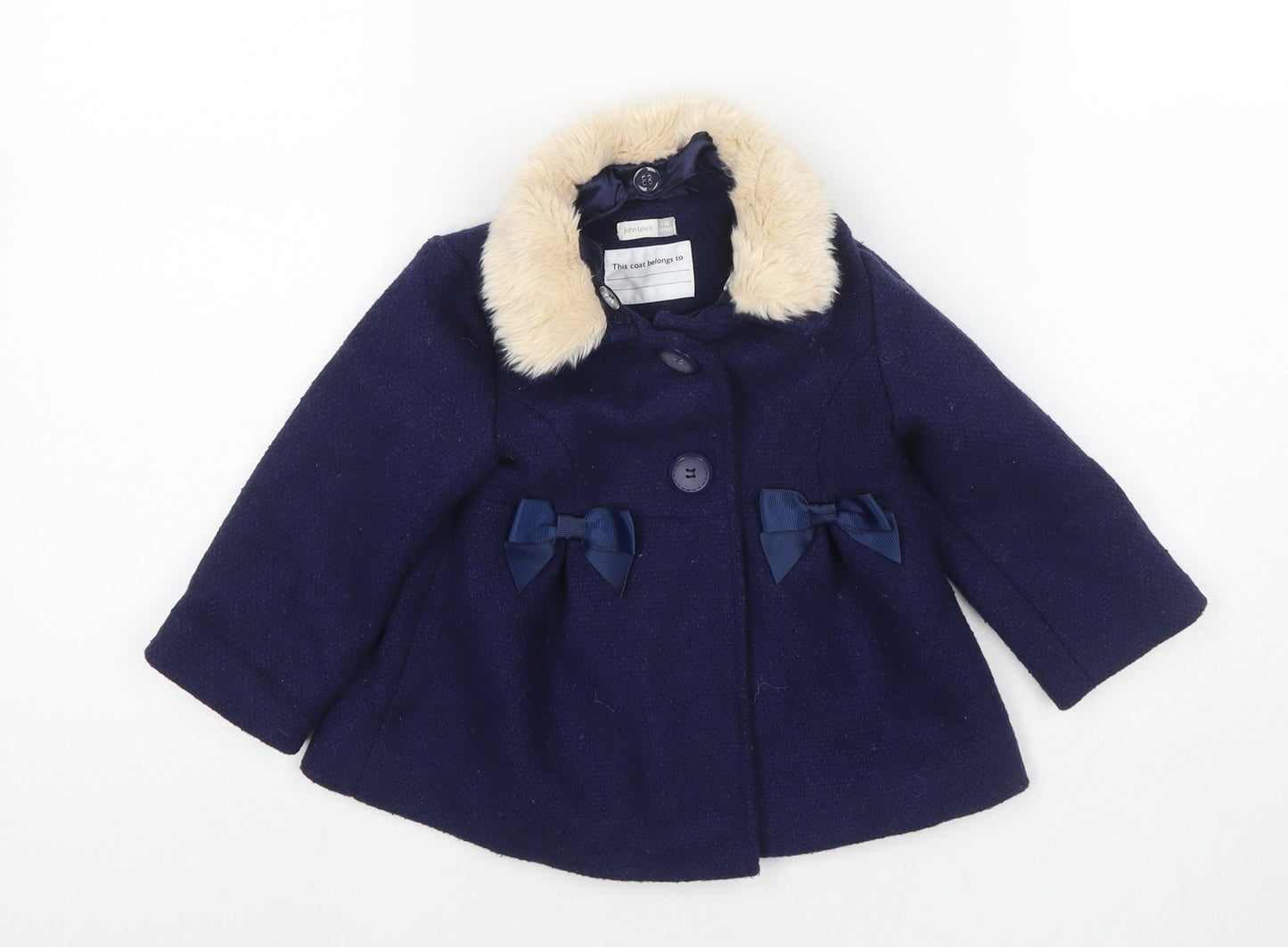 John Lewis Girls Blue Overcoat Coat Size 9-12 Months Button