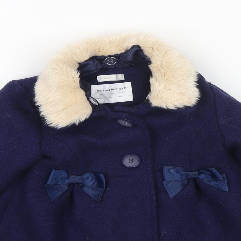 John Lewis Girls Blue Overcoat Coat Size 9-12 Months Button