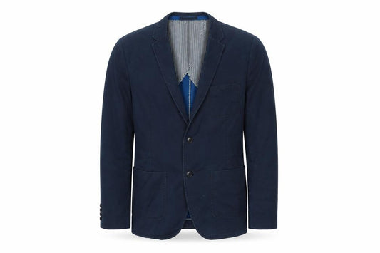 Front view of H&M men’s blue cotton jacket suit jacket, size 44, regular