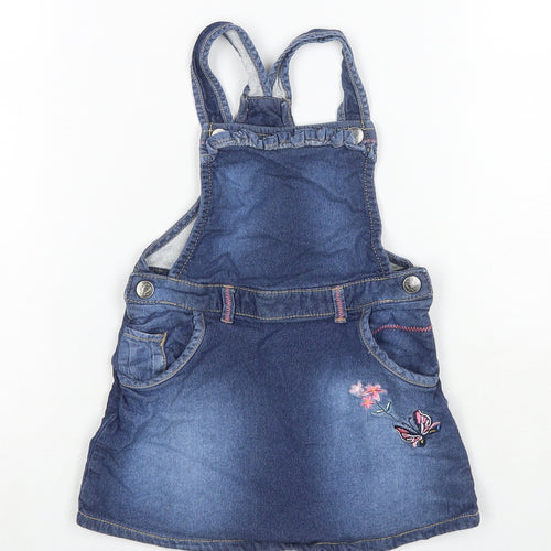 Nutmeg Girls Blue Cotton Pinafore/Dungaree Dress Size 2-3 Years Square Neck Snap