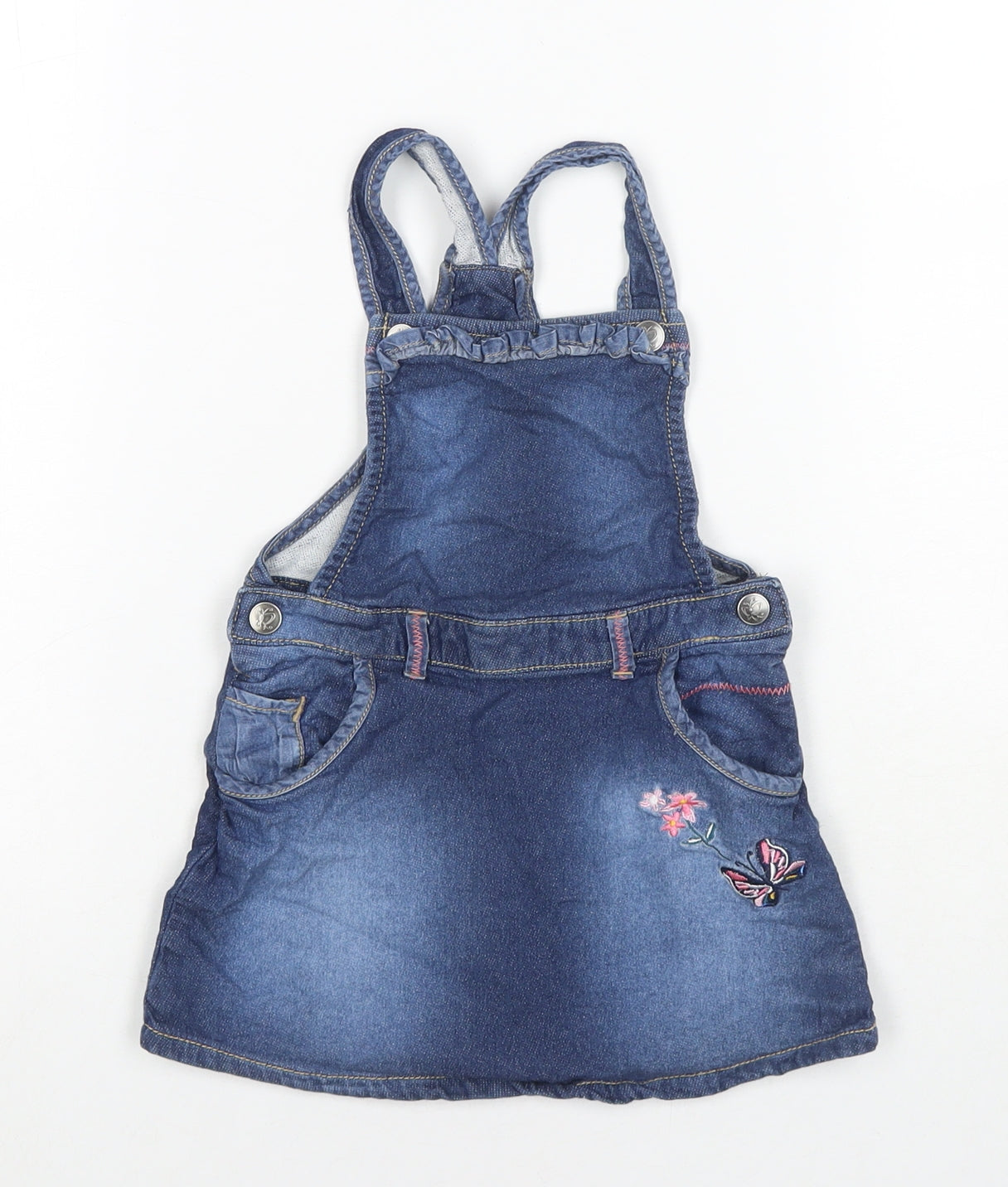 Nutmeg Girls Blue Cotton Pinafore/Dungaree Dress Size 2-3 Years Square Neck Snap