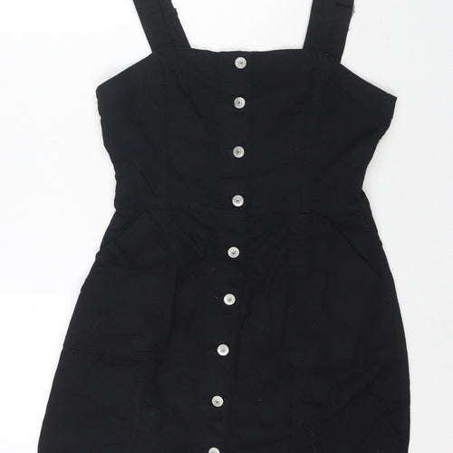 H&M Womens Black Cotton Tank Dress Size 8 Round Neck Button
