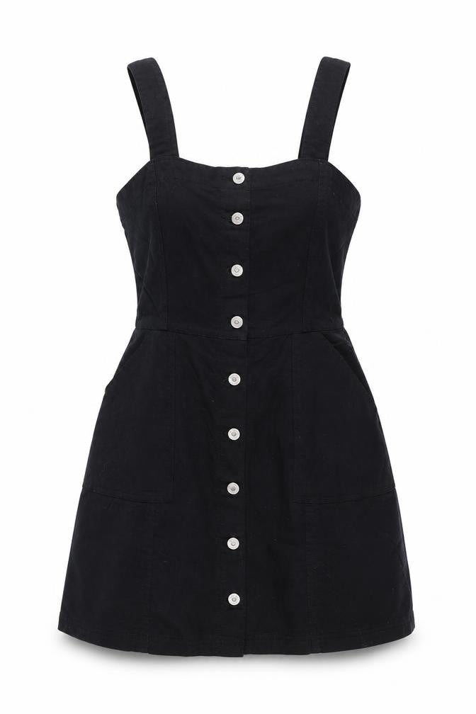 Front view of H&M women’s black cotton tank dress, size UK 8, round neck button