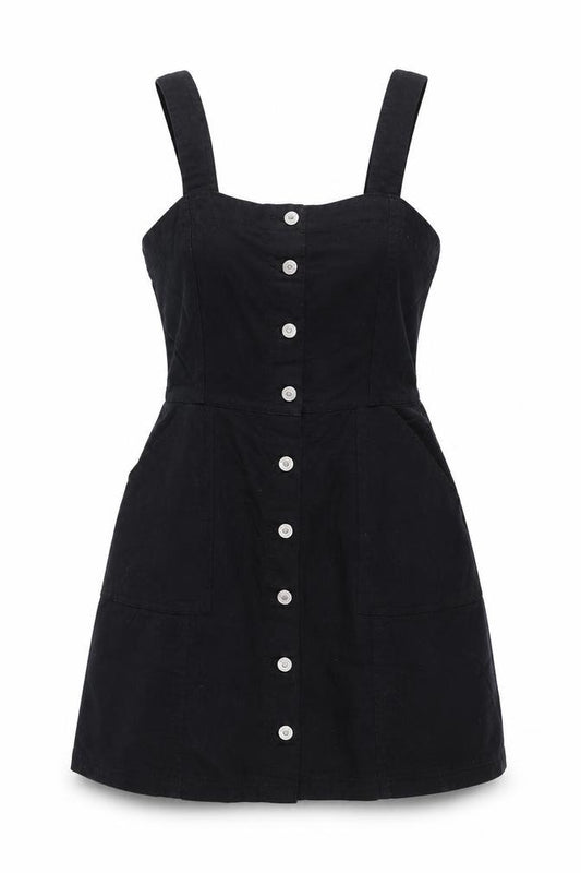 Front view of H&M women’s black cotton tank dress, size UK 8, round neck button