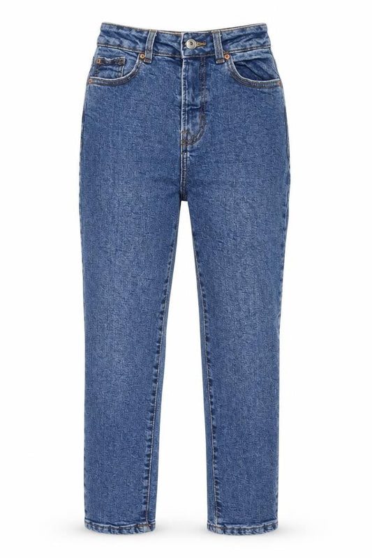 Front view of Denim & Co. women’s blue cotton mom jeans, size UK 4, 26-inch leg regular zip