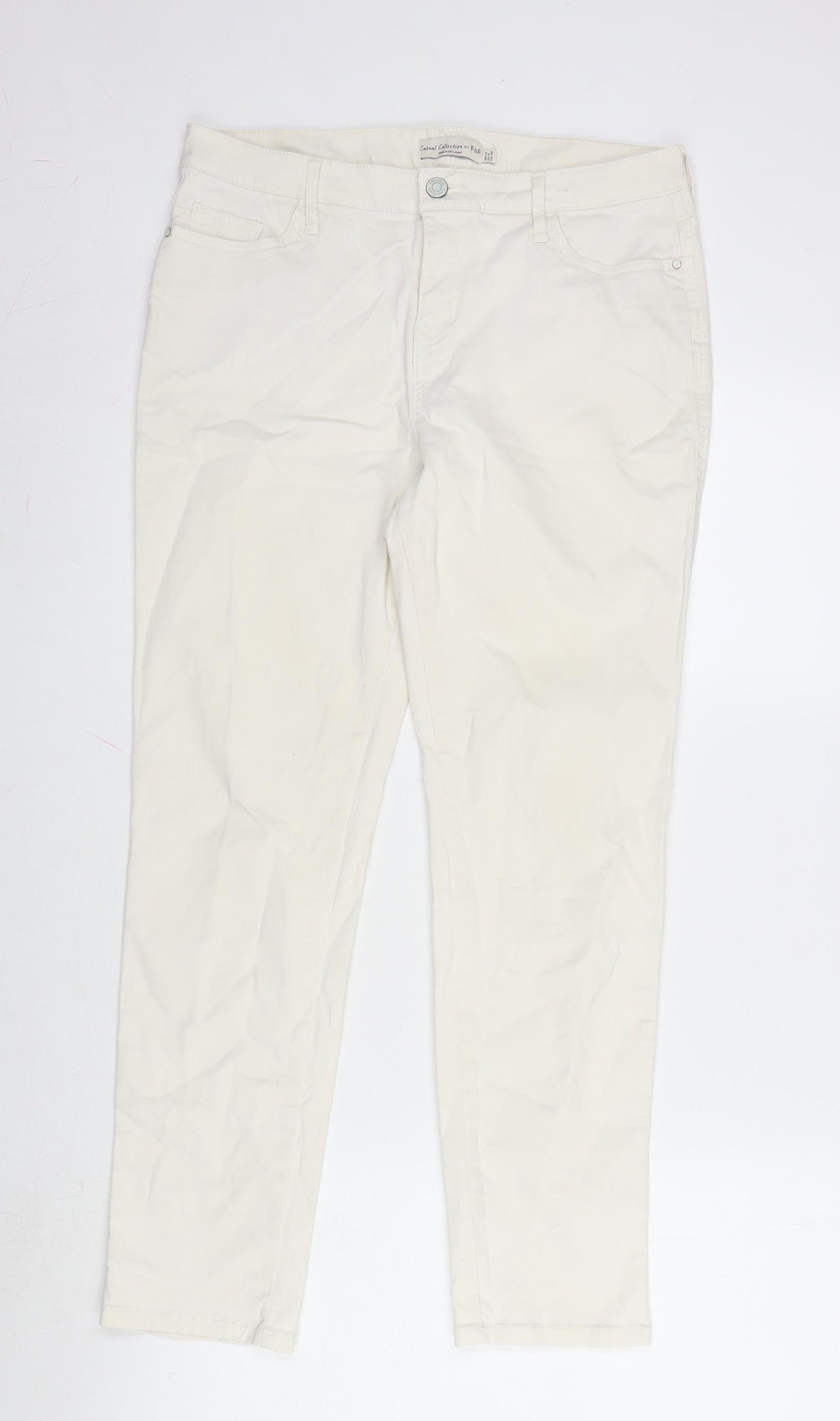 F&F Womens Ivory Cotton Straight Jeans Size 12 L27 in Regular Zip