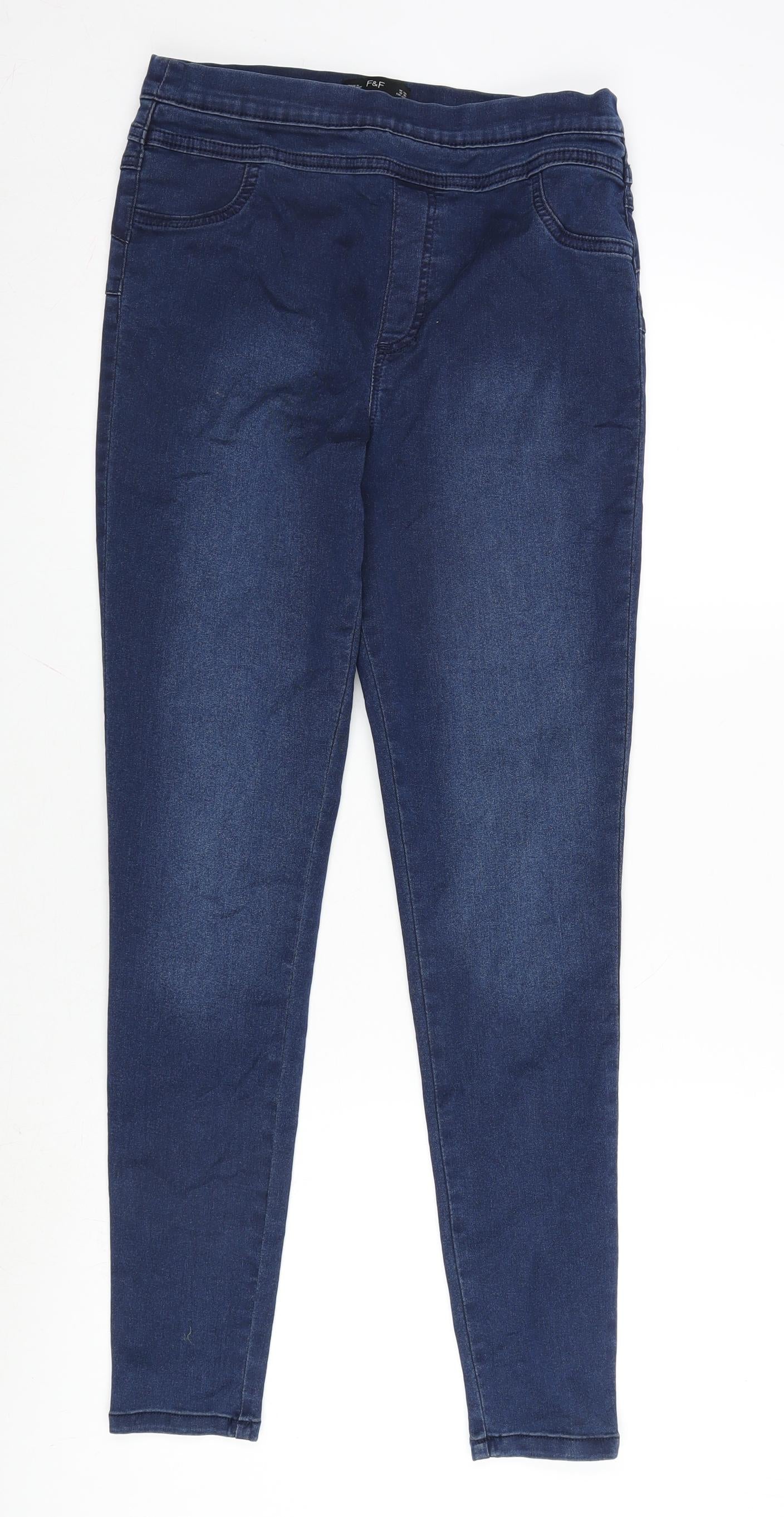 F&F Womens Blue Cotton Blend Straight Jeans Size 12 L29 in Regular
