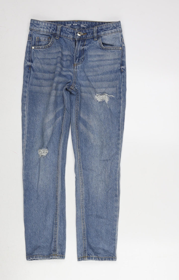 Denim & Co. Girls Blue Cotton Straight Jeans Size 9-10 Years L24.5 in Regular Zip - Distressed