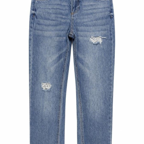 Denim & Co. Girls Blue Cotton Straight Jeans Size 9-10 Years L24.5 in Regular Zip - Distressed