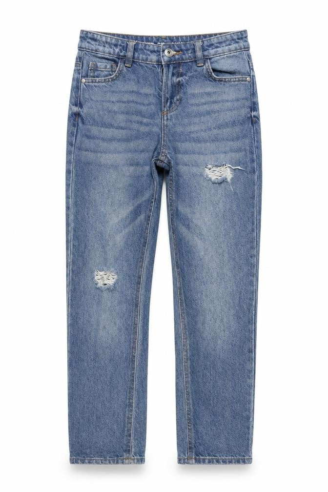 Denim & Co. Girls Blue Cotton Straight Jeans Size 9-10 Years L24.5 in Regular Zip - Distressed