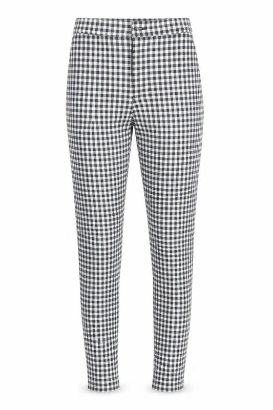 Front view of Topshop women’s grey check cotton blend straight jeans, size UK 26, in, 27-inch leg regular zip