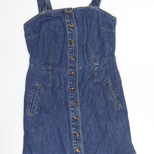 Dorothy Perkins Womens Blue Cotton Shift Size 10 Square Neck Button