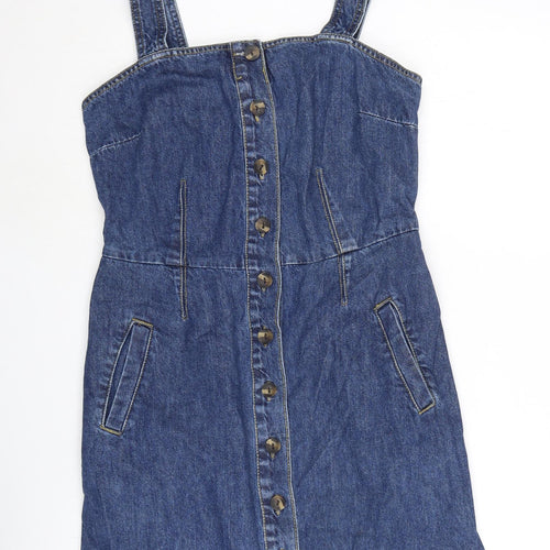 Dorothy Perkins Womens Blue Cotton Shift Size 10 Square Neck Button