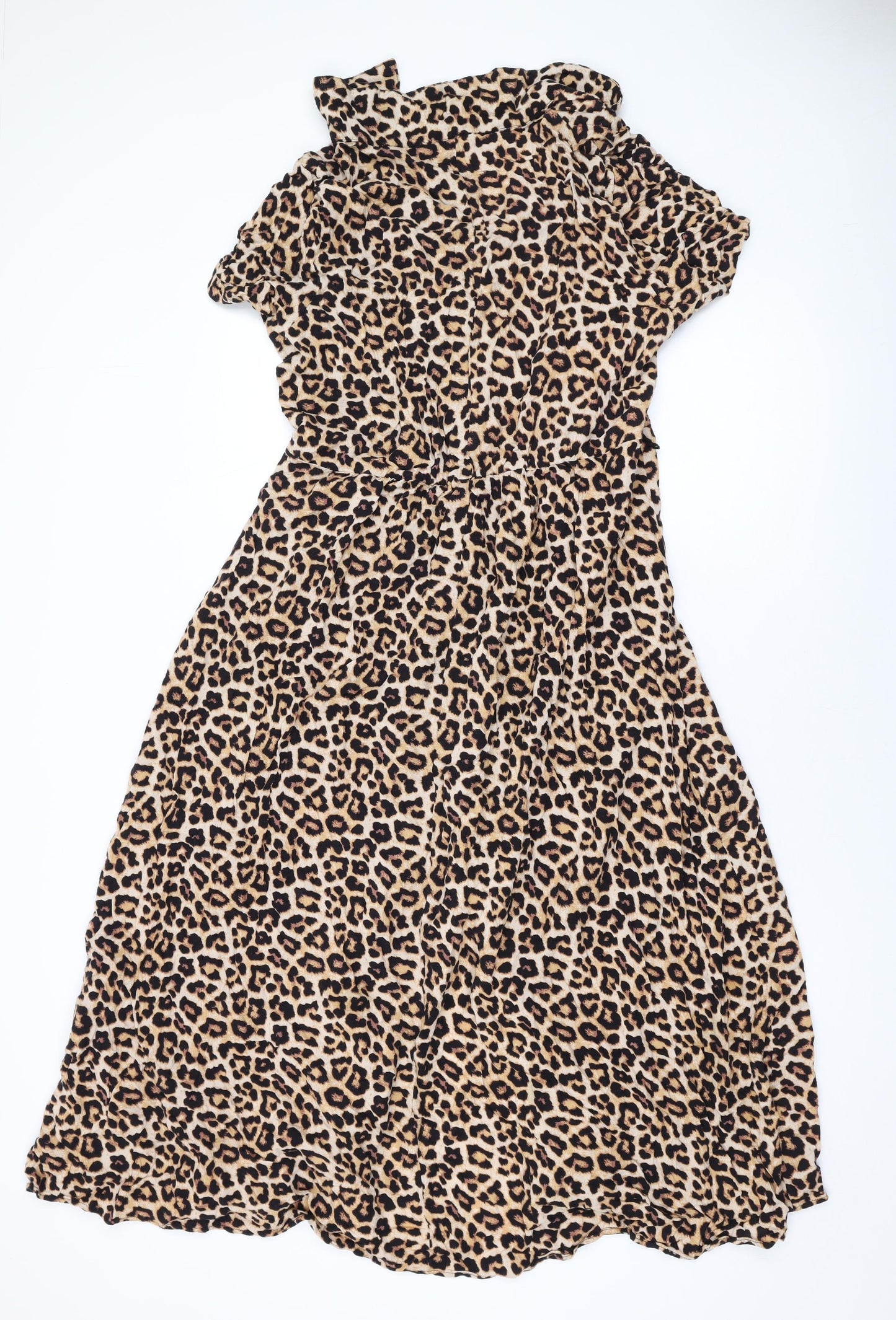 H&M Womens Brown Animal Print Viscose A-Line Size M Collared Button