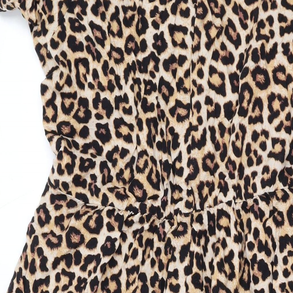 H&M Womens Brown Animal Print Viscose A-Line Size M Collared Button