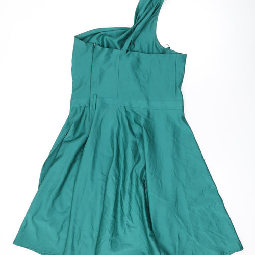 ALE Womens Green Polyester Skater Dress Size 12 One Shoulder Zip