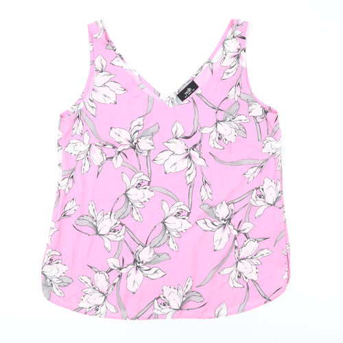 Wallis Womens Pink Floral Polyester Basic Tank Size 12 V-Neck