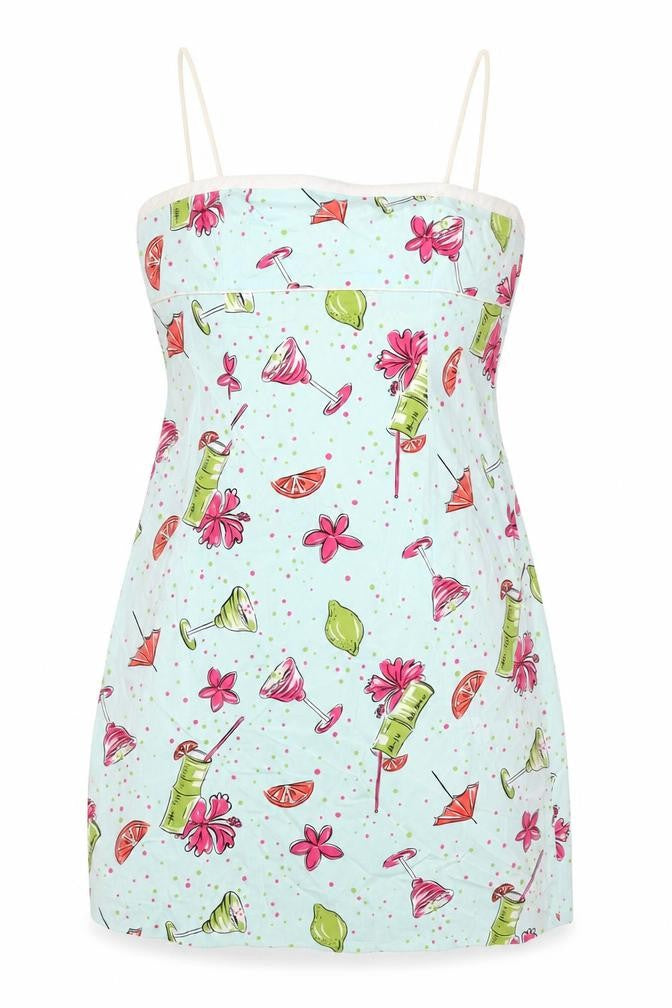 Front view of In The Wall women’s blue geometric cotton mini, size UK 10, square neck zip