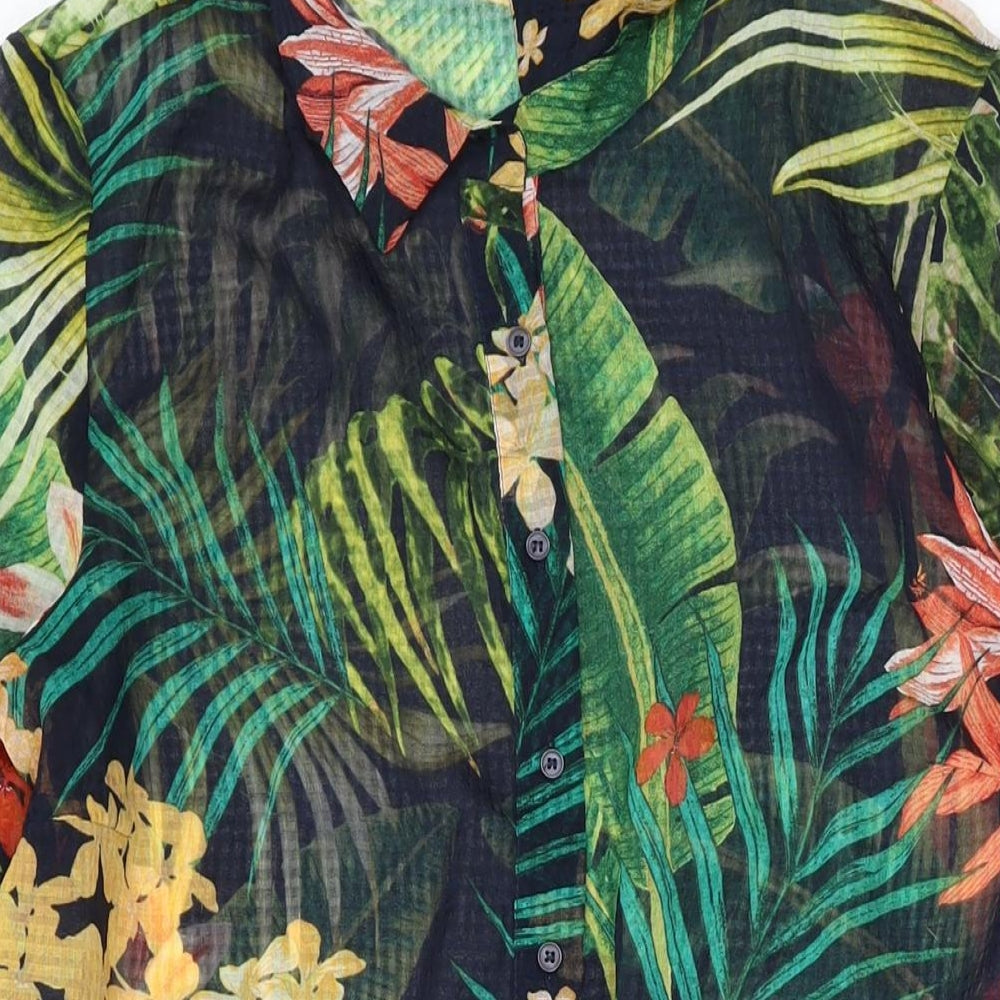 Zara Womens Green Floral Polyester A-Line Size M Collared Button