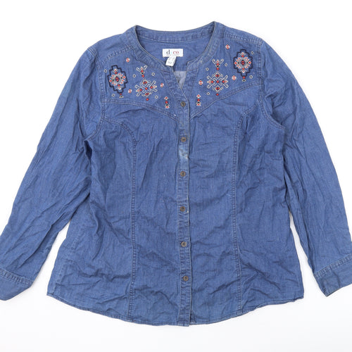 Denim & Co. Womens Blue Cotton Basic Button-Up Size L Round Neck