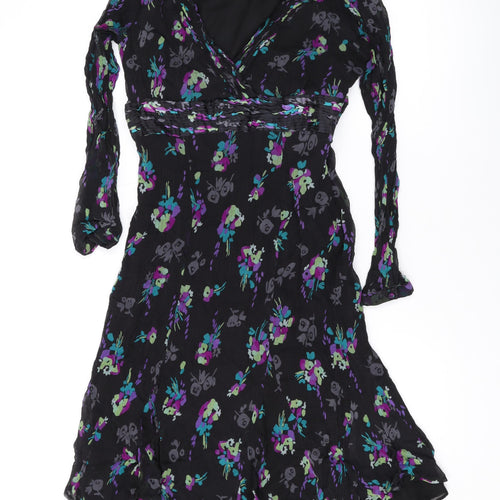 Monsoon Womens Black Floral Silk A-Line Size 14 V-Neck Zip