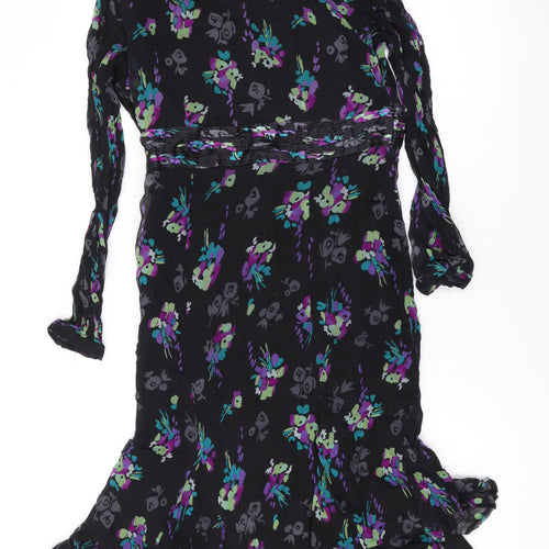Monsoon Womens Black Floral Silk A-Line Size 14 V-Neck Zip