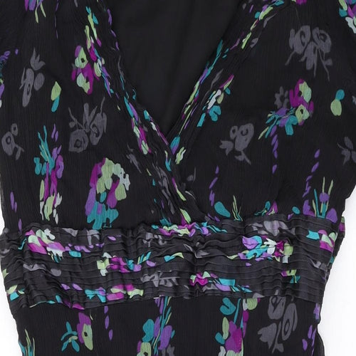 Monsoon Womens Black Floral Silk A-Line Size 14 V-Neck Zip