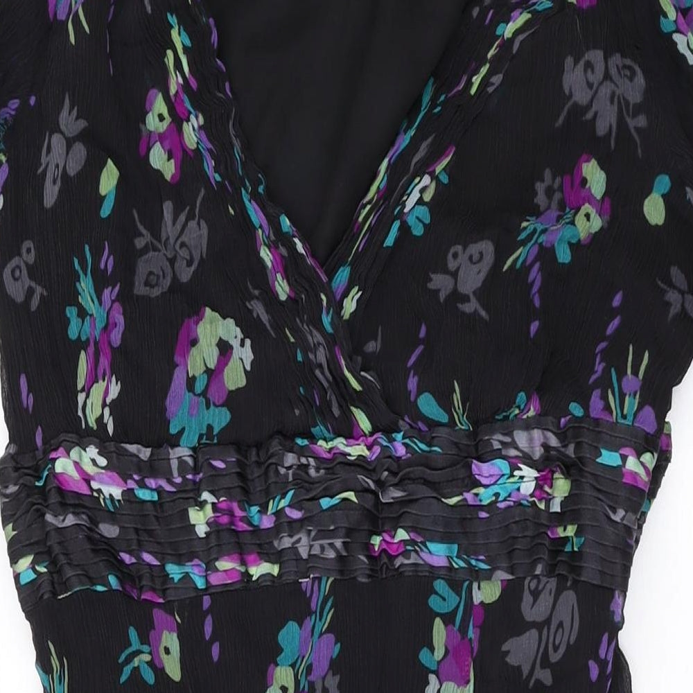 Monsoon Womens Black Floral Silk A-Line Size 14 V-Neck Zip