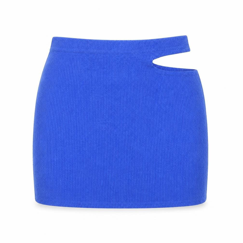 Front view of PRETTYLITTLETHING women’s blue polyester mini skirt, size UK 12