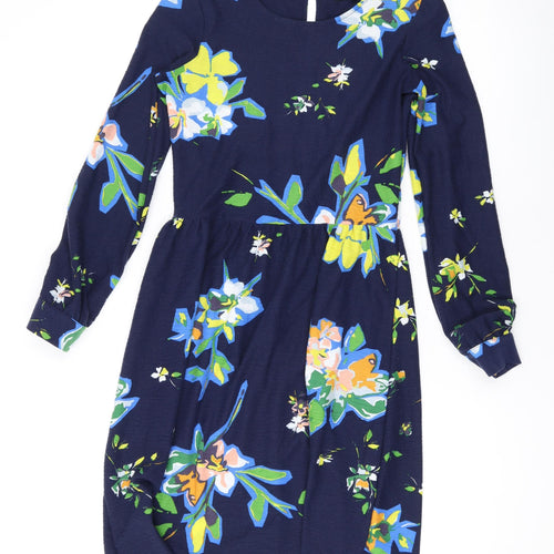 NEXT Womens Blue Floral Polyester A-Line Size 6 Mock Neck Button