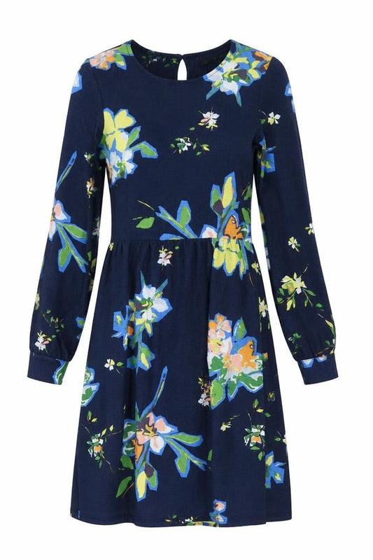 Front view of Next women’s blue floral polyester a-line, size UK 6, mock neck button