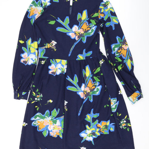 NEXT Womens Blue Floral Polyester A-Line Size 6 Mock Neck Button