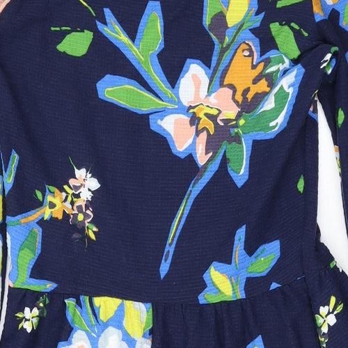 NEXT Womens Blue Floral Polyester A-Line Size 6 Mock Neck Button