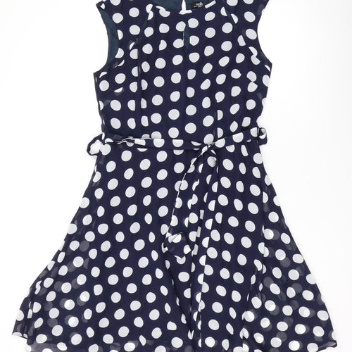 Wallis Womens Blue Polka Dot Polyester A-Line Size 14 Round Neck Zip