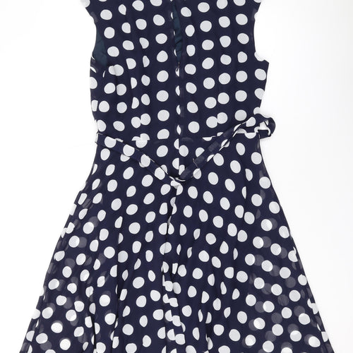 Wallis Womens Blue Polka Dot Polyester A-Line Size 14 Round Neck Zip