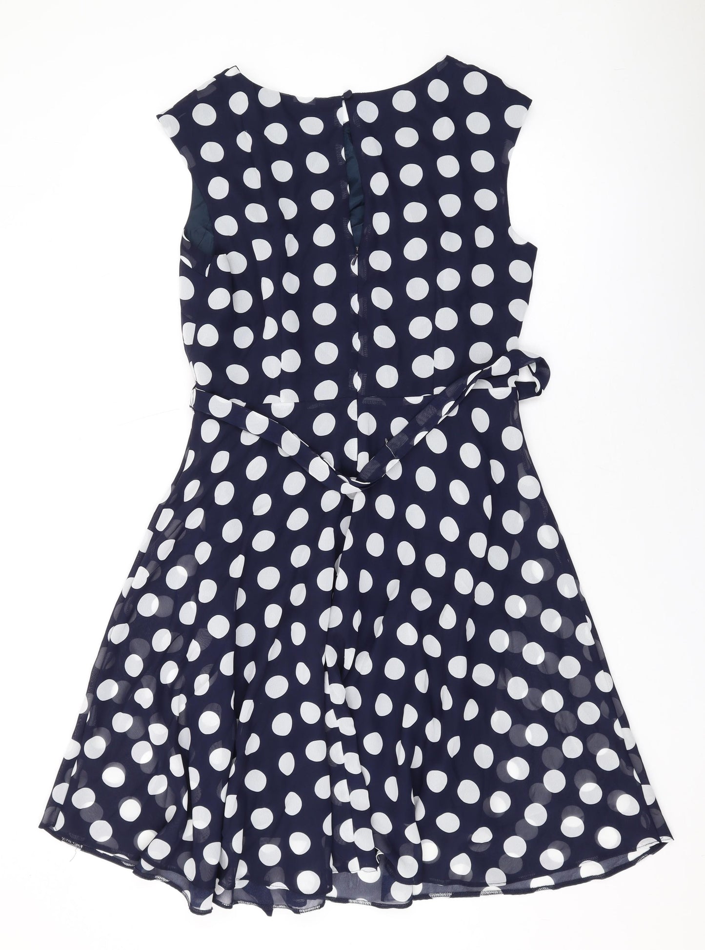 Wallis Womens Blue Polka Dot Polyester A-Line Size 14 Round Neck Zip