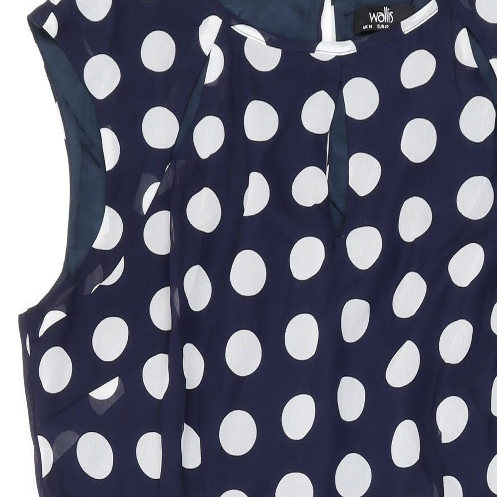 Wallis Womens Blue Polka Dot Polyester A-Line Size 14 Round Neck Zip