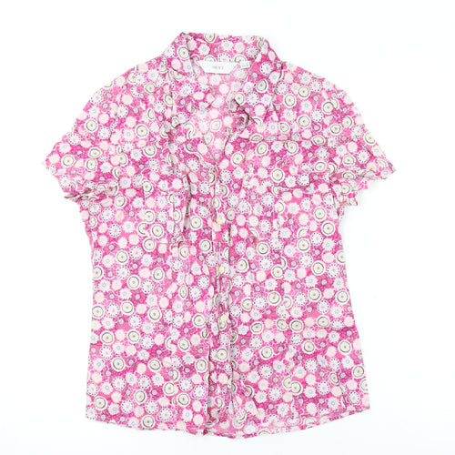 NEXT Womens Pink Floral Cotton Basic Button-Up Size 12 V-Neck