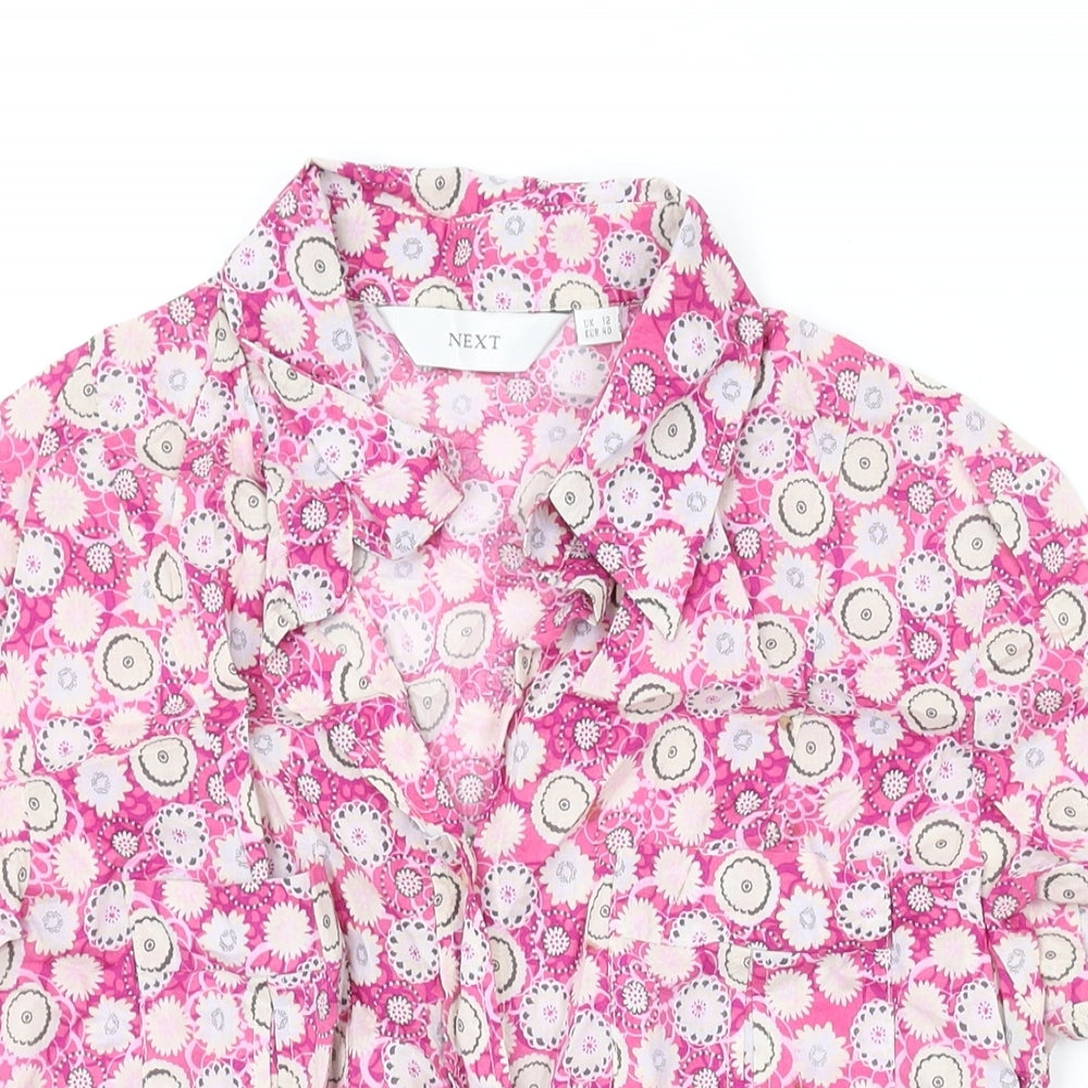 NEXT Womens Pink Floral Cotton Basic Button-Up Size 12 V-Neck