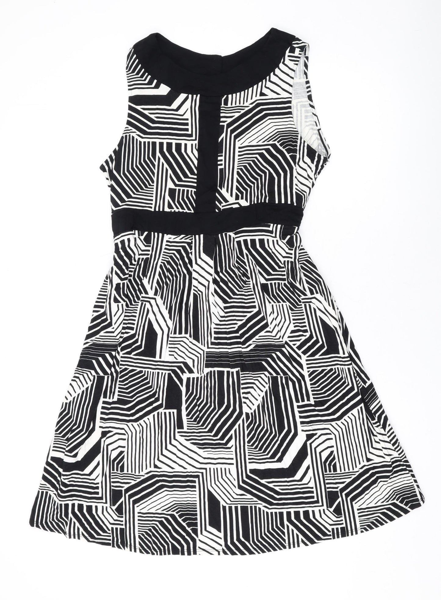 BHS Womens Black Geometric Viscose A-Line Size 18 Boat Neck Button