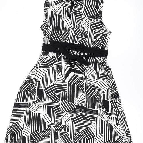 BHS Womens Black Geometric Viscose A-Line Size 18 Boat Neck Button
